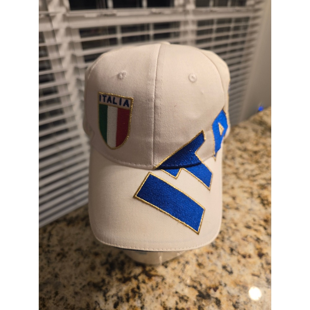 Italia Soccer Italy Baseball Cap Hat White Blue Gold Embroidered Adjustable 58cm